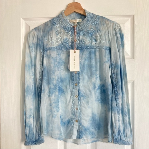 LoveShackFancy Ronda Button Down Pacific Indigo Hand Dye Embroidered Top, Size S - Picture 5 of 12